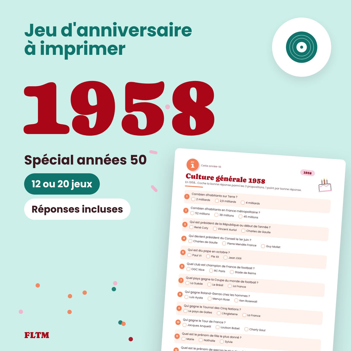 Jeu anniversaire année 1958 à imprimer, spécial années 50