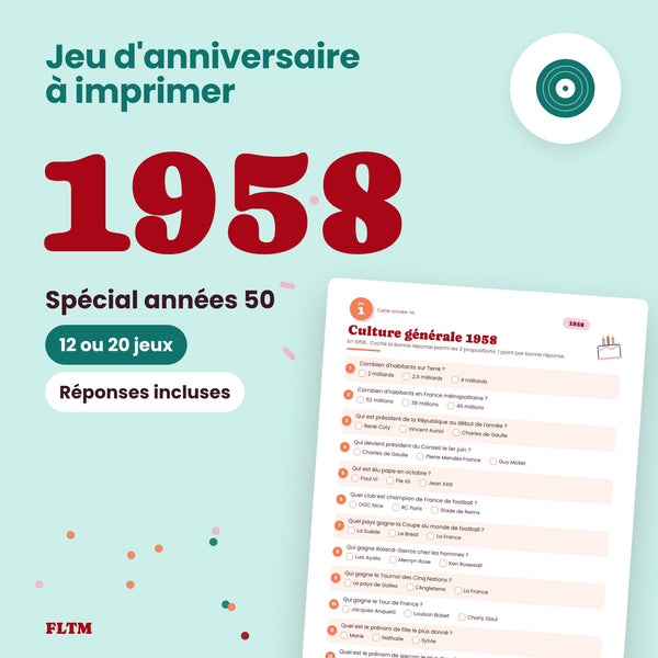 Jeu anniversaire année 1958 - 12 ou 20 jeux à imprimer