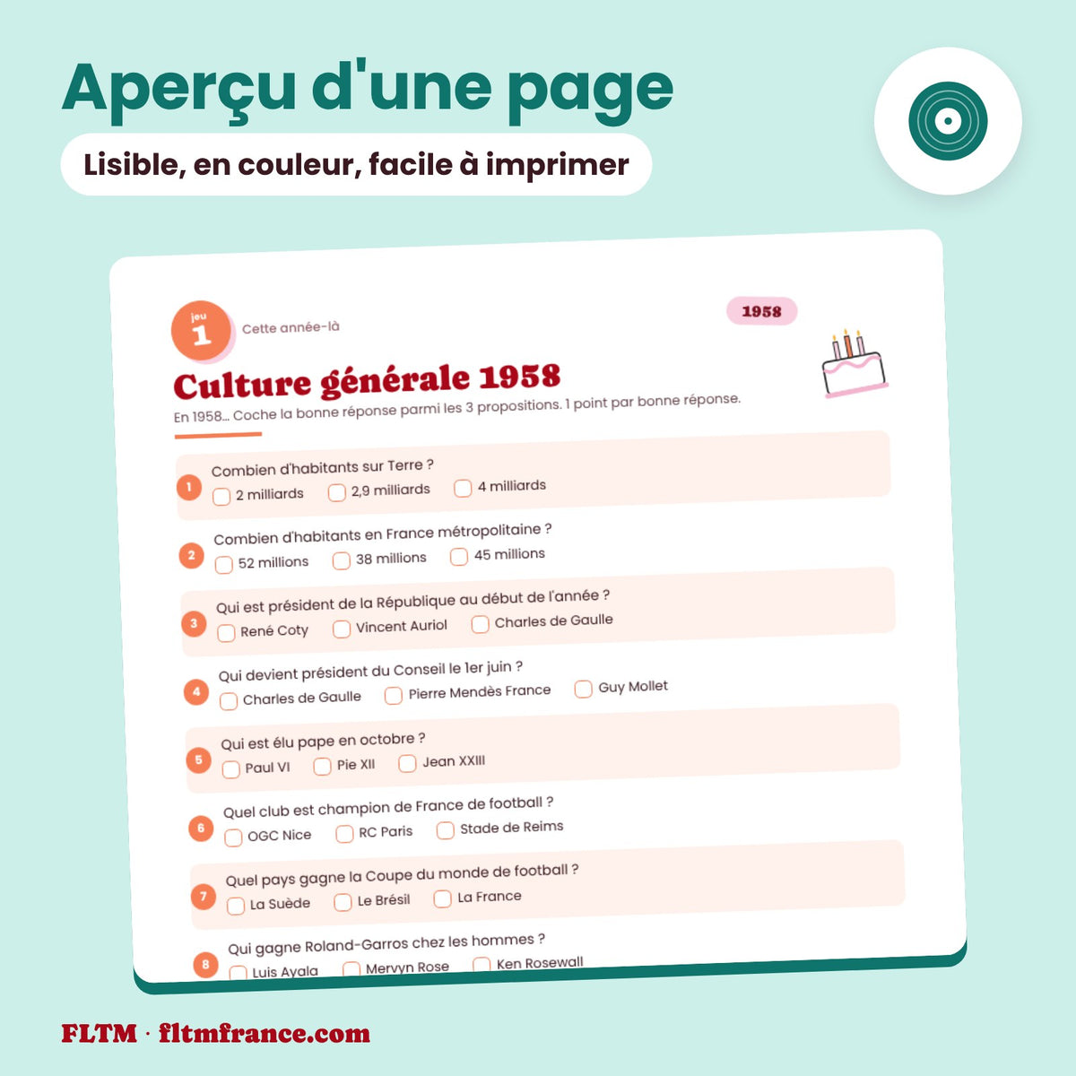 Jeu anniversaire année 1958 : aperçu d'une page
