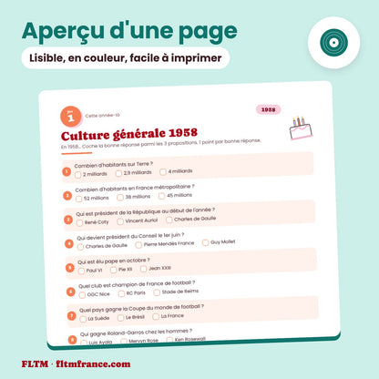 Jeu anniversaire année 1958 : aperçu d'une page