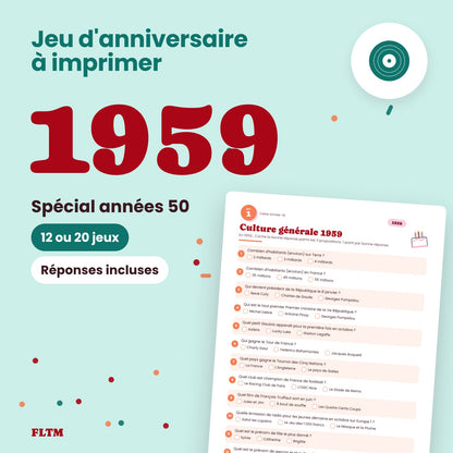 Jeu anniversaire année 1959 à imprimer, spécial années 50