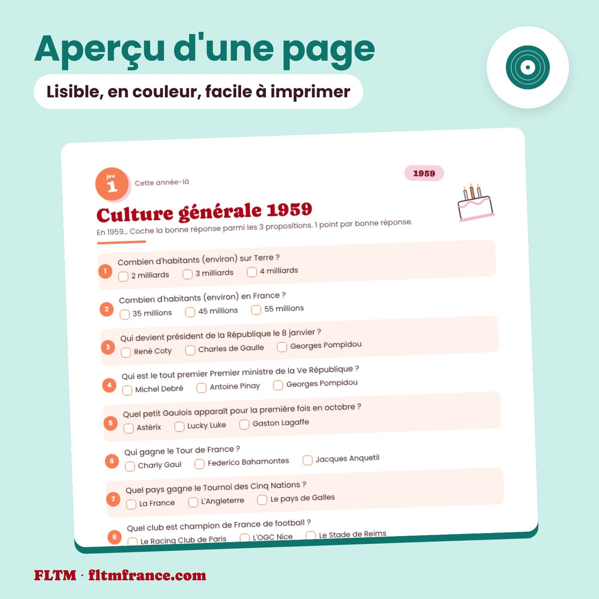 Jeu anniversaire année 1959 : aperçu d'une page