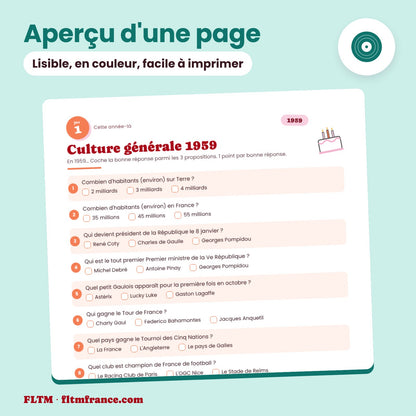 Jeu anniversaire année 1959 : aperçu d'une page