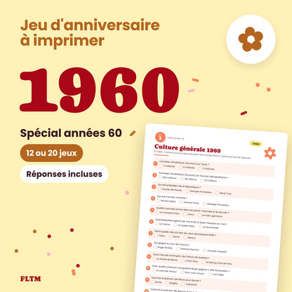 Jeu anniversaire année 1960 à imprimer, spécial années 60