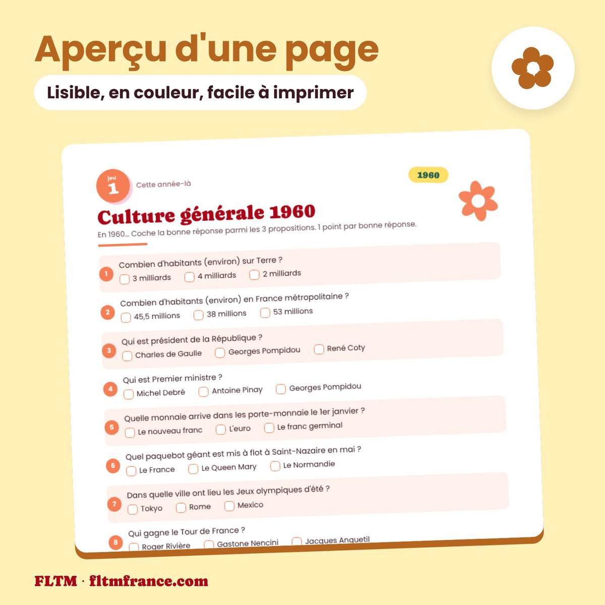 Jeu anniversaire année 1960 : aperçu d'une page