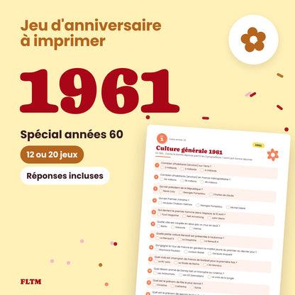 Jeu anniversaire année 1961 à imprimer, spécial années 60