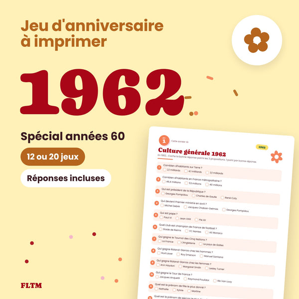 Jeu anniversaire année 1962 - 12 ou 20 jeux à imprimer pour fêter les 64 ans