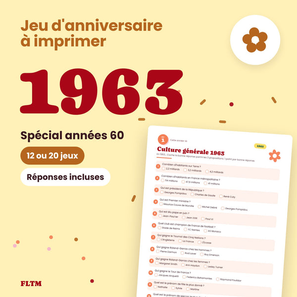 Jeu anniversaire année 1963 - 12 ou 20 jeux à imprimer pour fêter les 63 ans