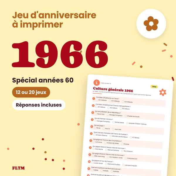 Jeu anniversaire année 1966 - 12 ou 20 jeux à imprimer pour fêter les 60 ans