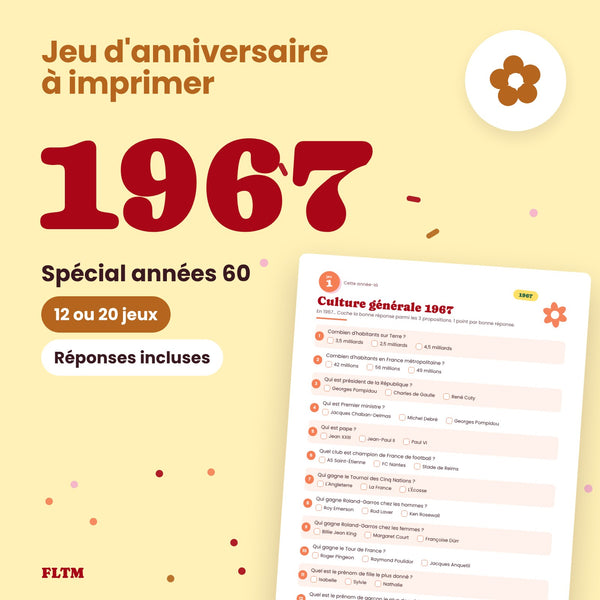 Jeu anniversaire année 1967 - 12 ou 20 jeux à imprimer