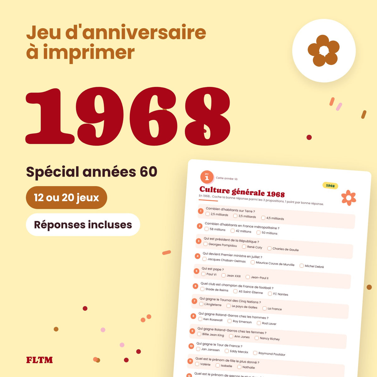 Jeu anniversaire année 1968 à imprimer, spécial années 60