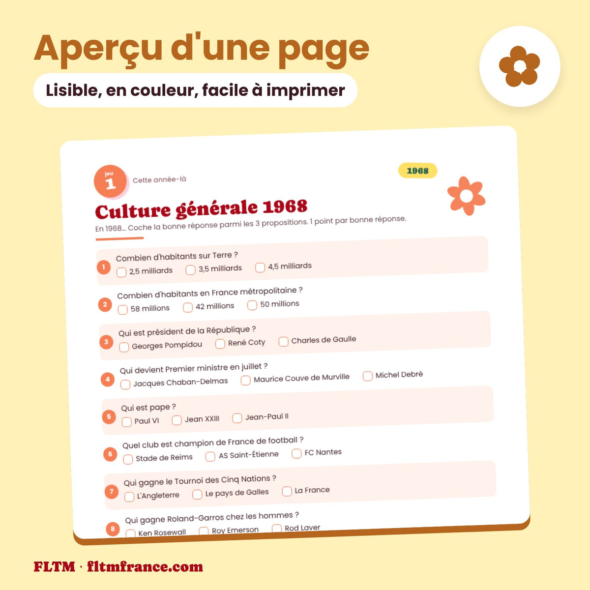 Jeu anniversaire année 1968 : aperçu d'une page