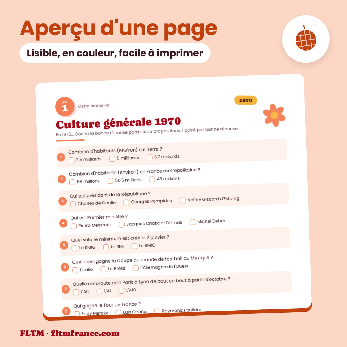 Jeu anniversaire année 1970 : aperçu d'une page