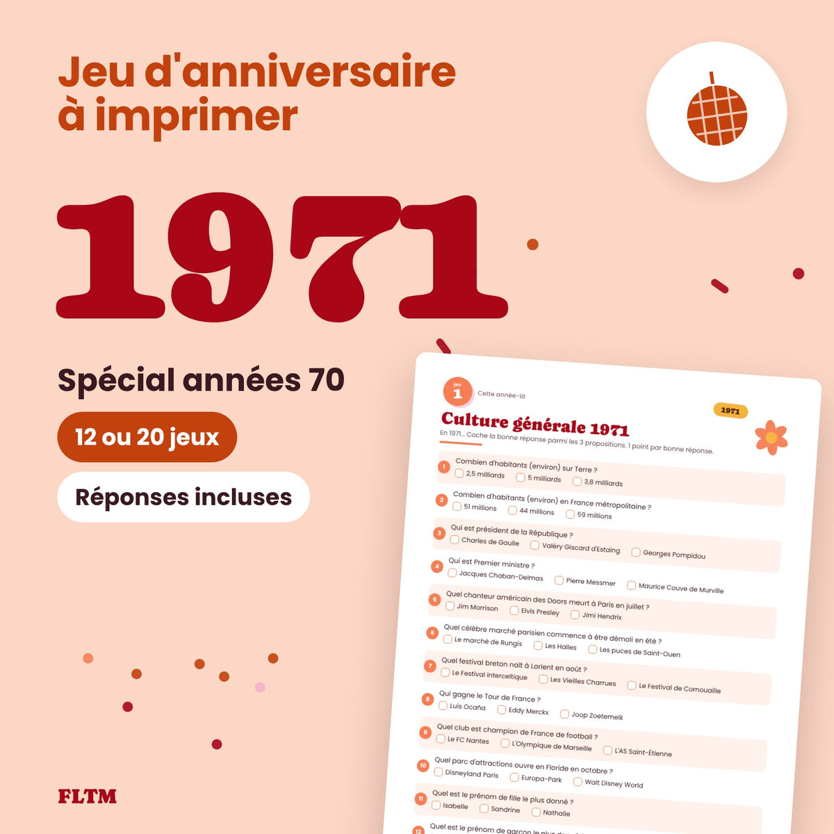 Jeu anniversaire année 1971 à imprimer, spécial années 70