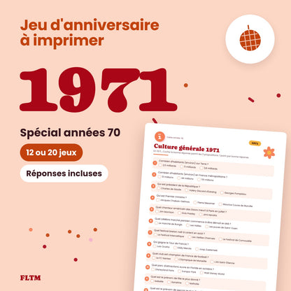Jeu anniversaire année 1971 à imprimer, spécial années 70