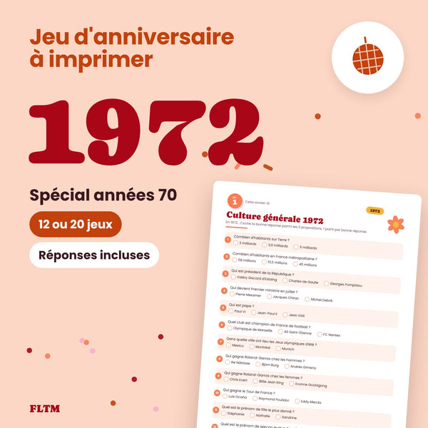 Jeu anniversaire année 1972 - 12 ou 20 jeux à imprimer pour fêter les 54 ans