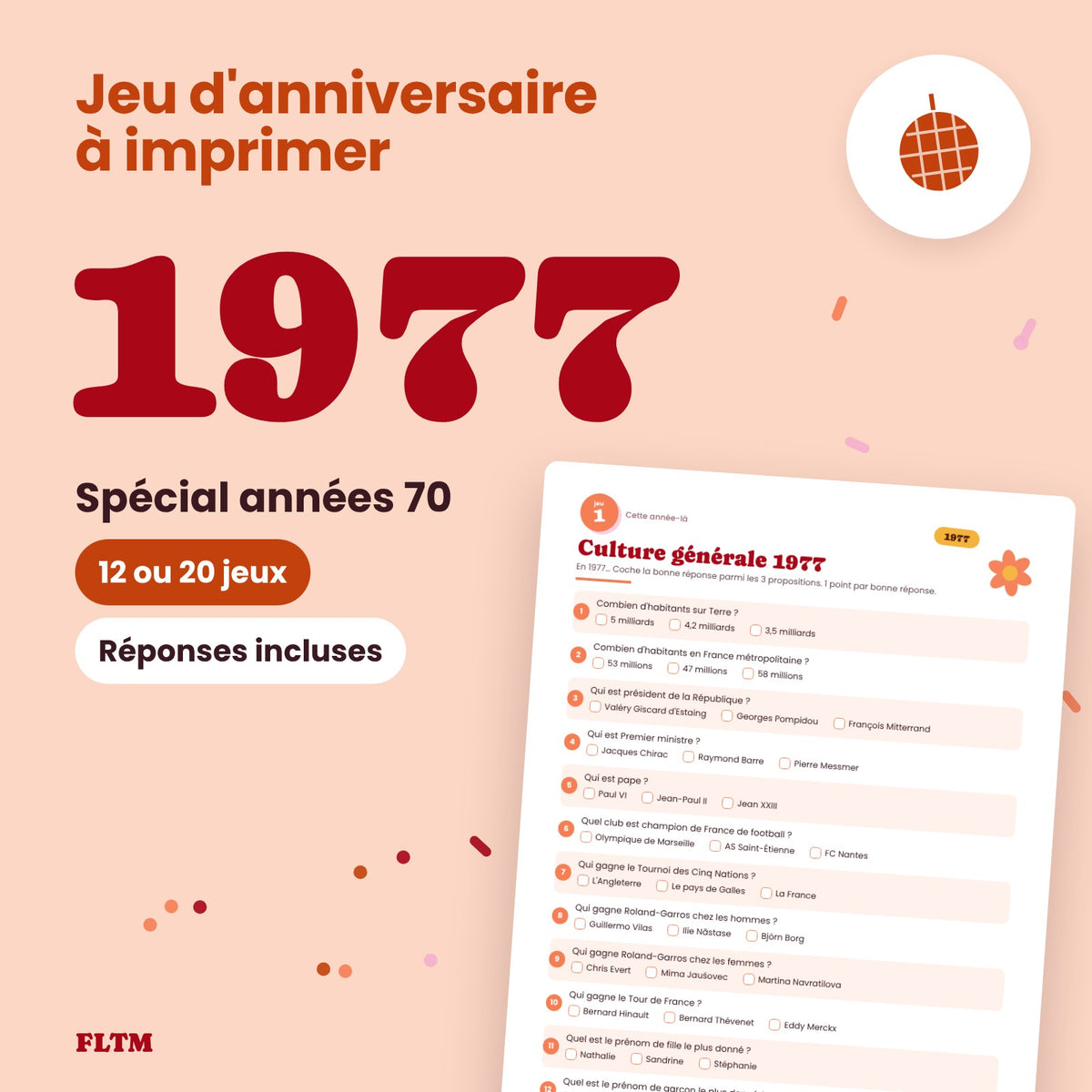 Jeu anniversaire année 1977 à imprimer, spécial années 70