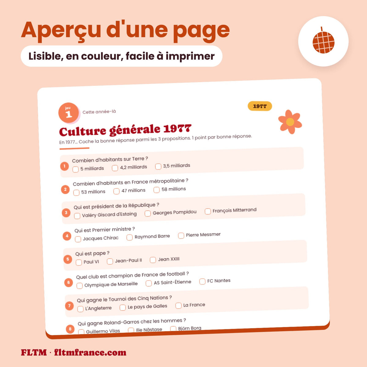 Jeu anniversaire année 1977 : aperçu d'une page