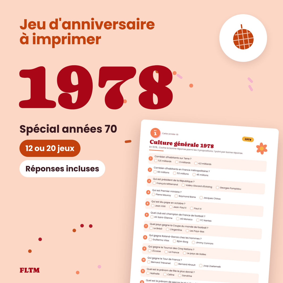 Jeu anniversaire année 1978 à imprimer, spécial années 70