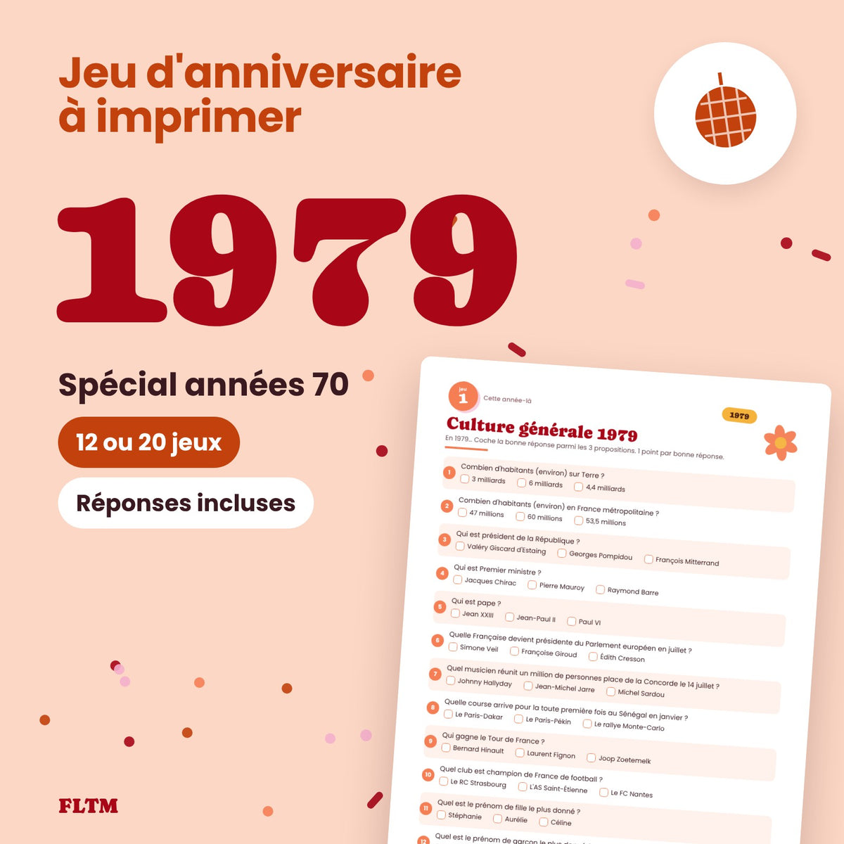 Jeu anniversaire année 1979 à imprimer, spécial années 70