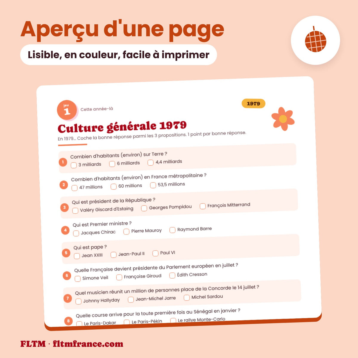 Jeu anniversaire année 1979 : aperçu d'une page