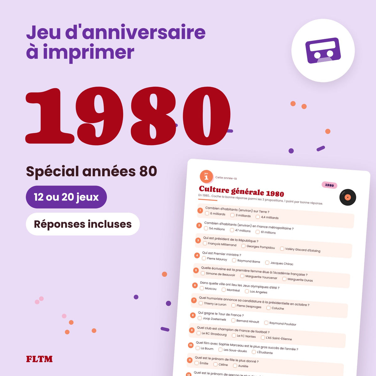 Jeu anniversaire année 1980 à imprimer, spécial années 80