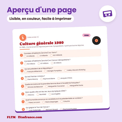 Jeu anniversaire année 1980 : aperçu d'une page