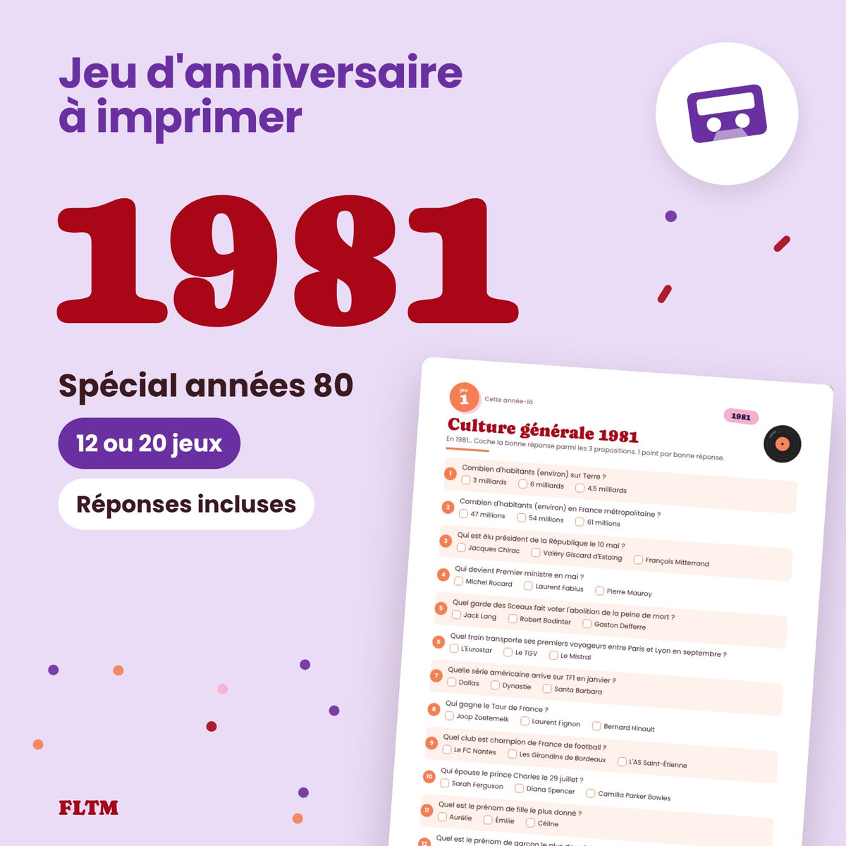 Jeu anniversaire année 1981 à imprimer, spécial années 80