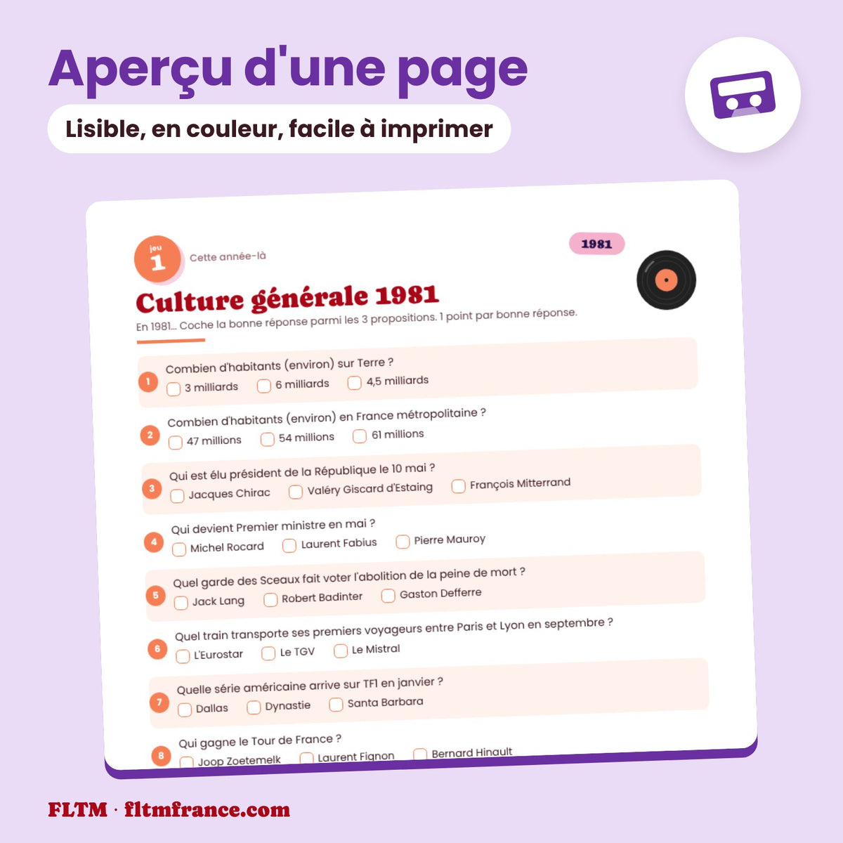 Jeu anniversaire année 1981 : aperçu d'une page