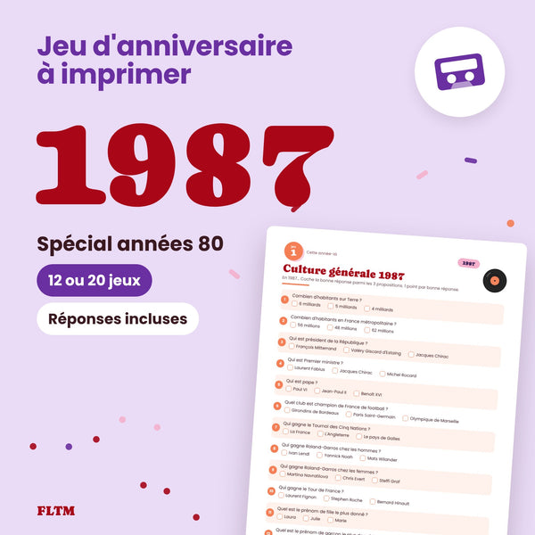 Jeu anniversaire année 1987 - 12 ou 20 jeux à imprimer
