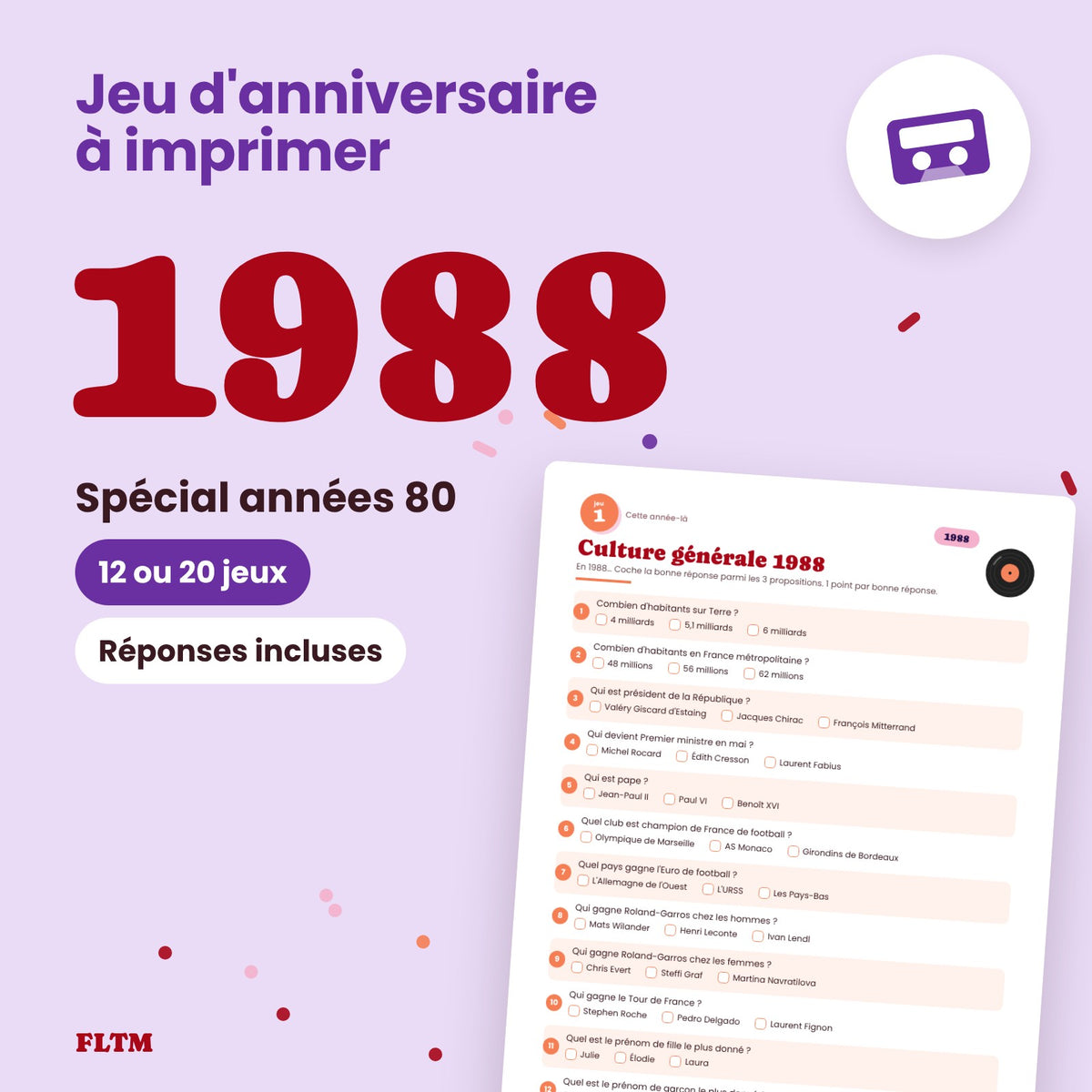 Jeu anniversaire année 1988 à imprimer, spécial années 80