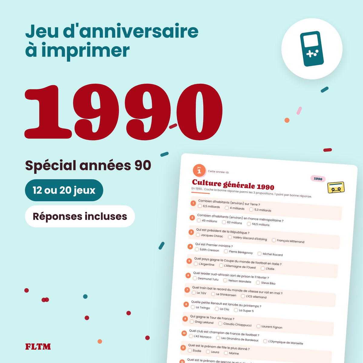 Jeu anniversaire année 1990 à imprimer, spécial années 90