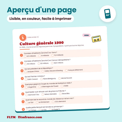 Jeu anniversaire année 1990 : aperçu d'une page