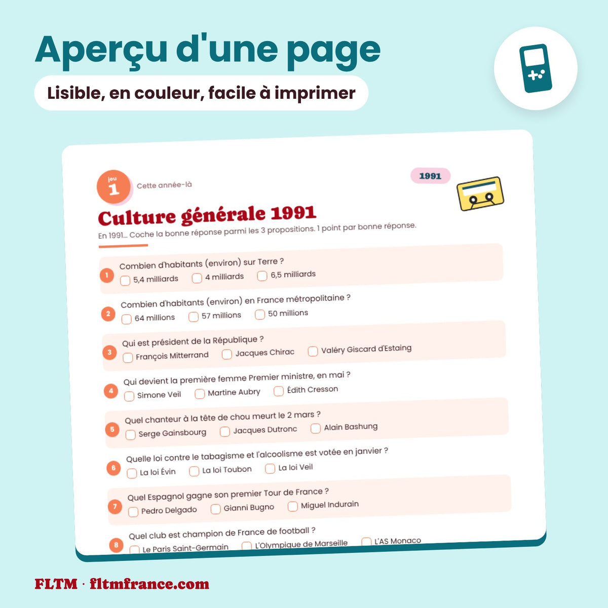 Jeu anniversaire année 1991 : aperçu d'une page