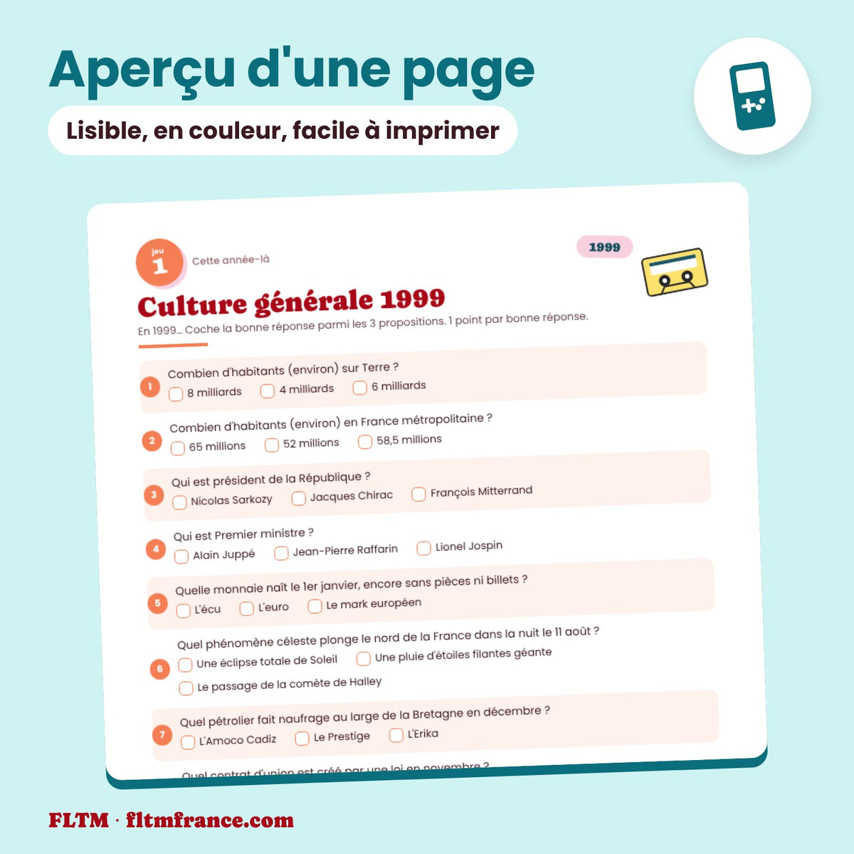 Jeu anniversaire année 1999 : aperçu d'une page