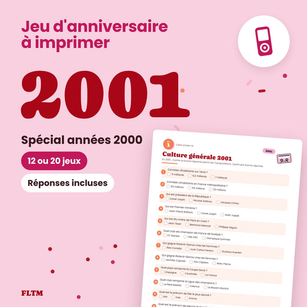 Jeu anniversaire année 2001 - 12 ou 20 jeux à imprimer pour fêter les 25 ans
