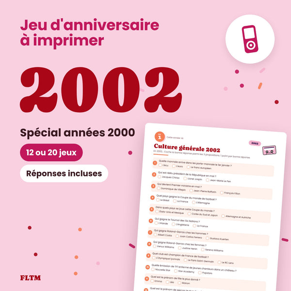 Jeu anniversaire année 2002 - 12 ou 20 jeux à imprimer pour fêter les 24 ans