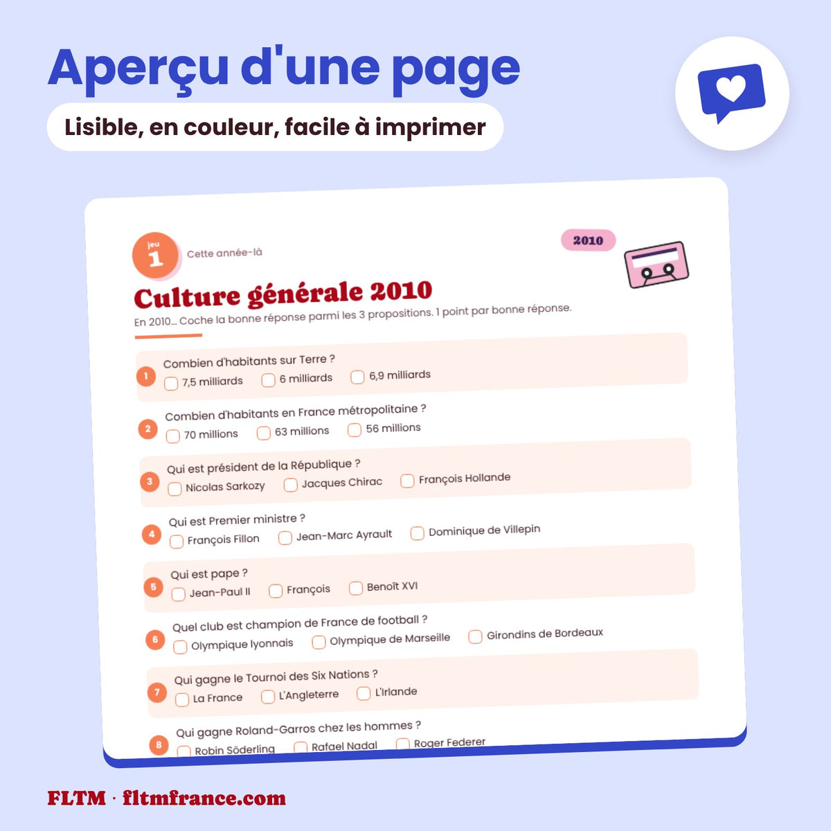 Jeu anniversaire année 2010 : aperçu d'une page