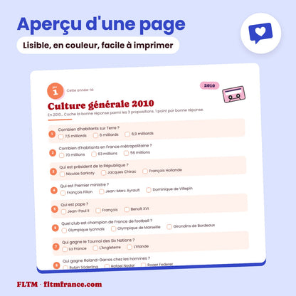 Jeu anniversaire année 2010 : aperçu d'une page