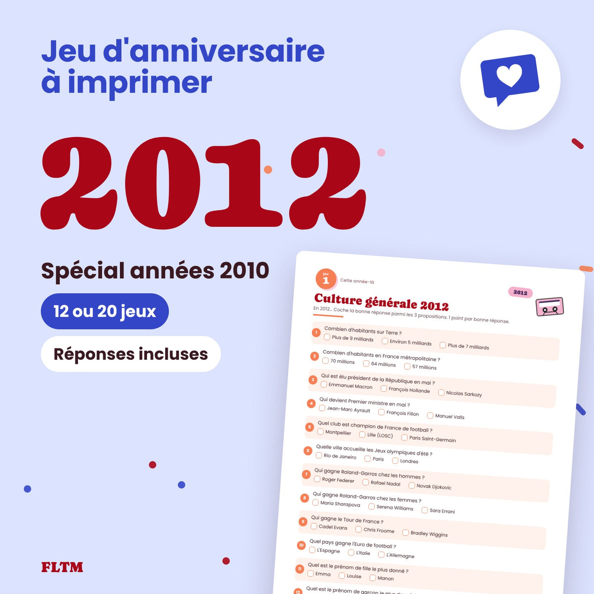 Jeu anniversaire année 2012 à imprimer, spécial années 2010