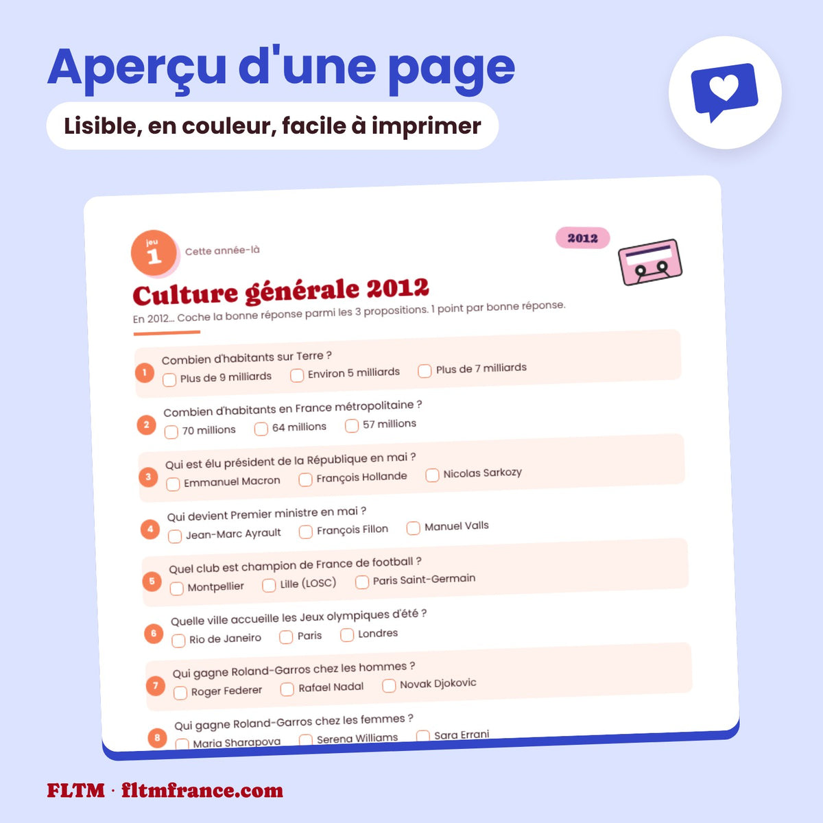 Jeu anniversaire année 2012 : aperçu d'une page