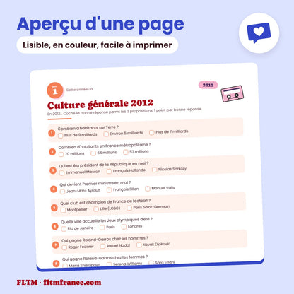 Jeu anniversaire année 2012 : aperçu d'une page