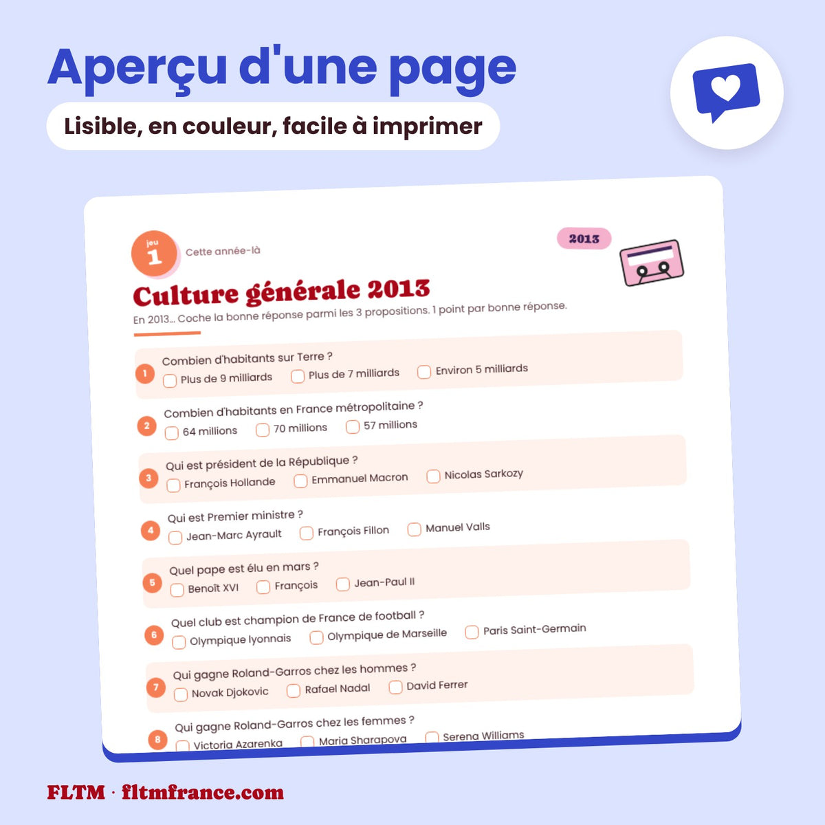 Jeu anniversaire année 2013 : aperçu d'une page