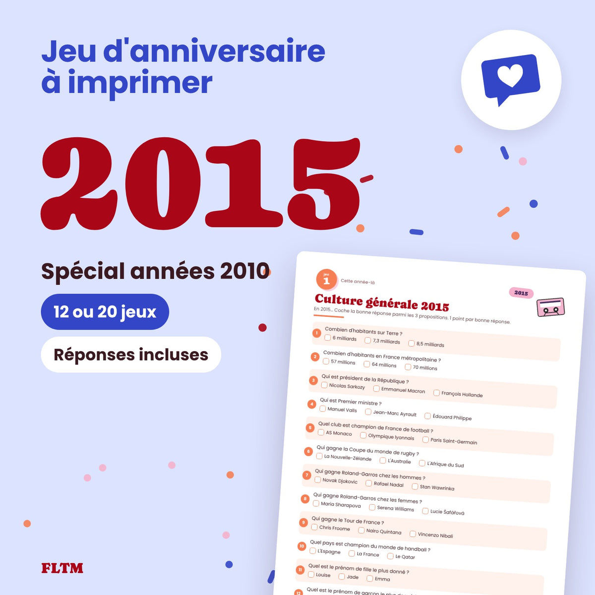 Jeu anniversaire année 2015 à imprimer, spécial années 2010