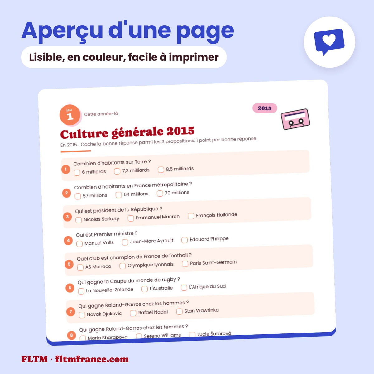 Jeu anniversaire année 2015 : aperçu d'une page