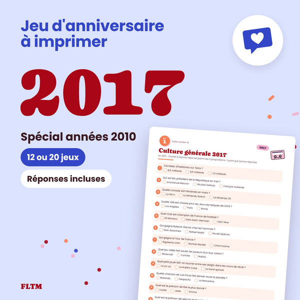 Jeu anniversaire année 2017 - 12 ou 20 jeux à imprimer