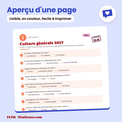Jeu anniversaire année 2017 : aperçu d'une page
