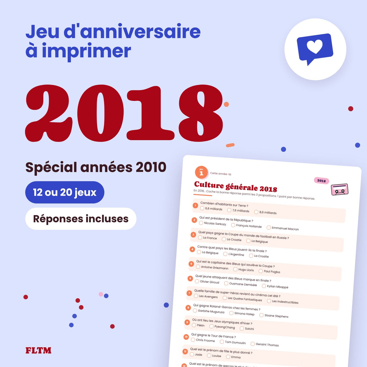Jeu anniversaire année 2018 à imprimer, spécial années 2010
