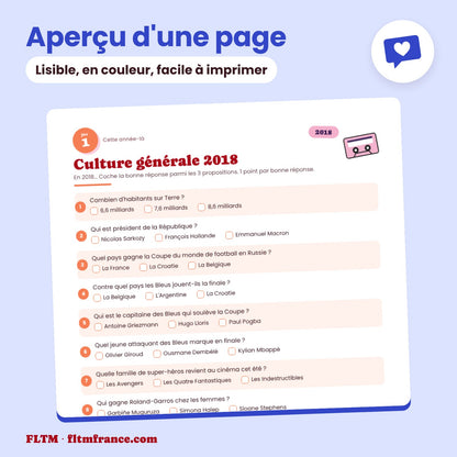 Jeu anniversaire année 2018 : aperçu d'une page