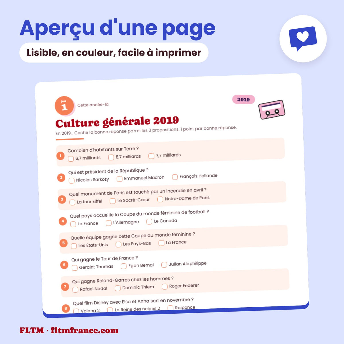 Jeu anniversaire année 2019 : aperçu d'une page
